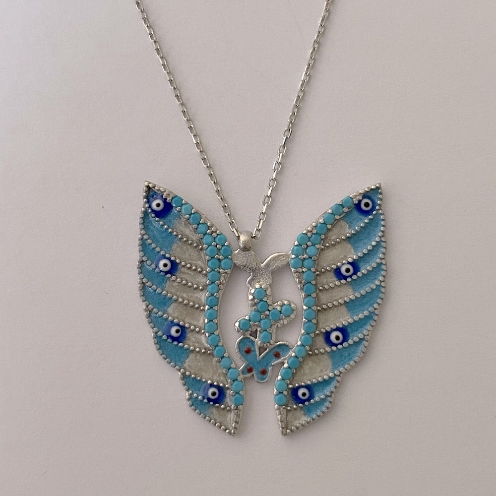 925 Silver angel wings handmade butterfly evil eye necklace